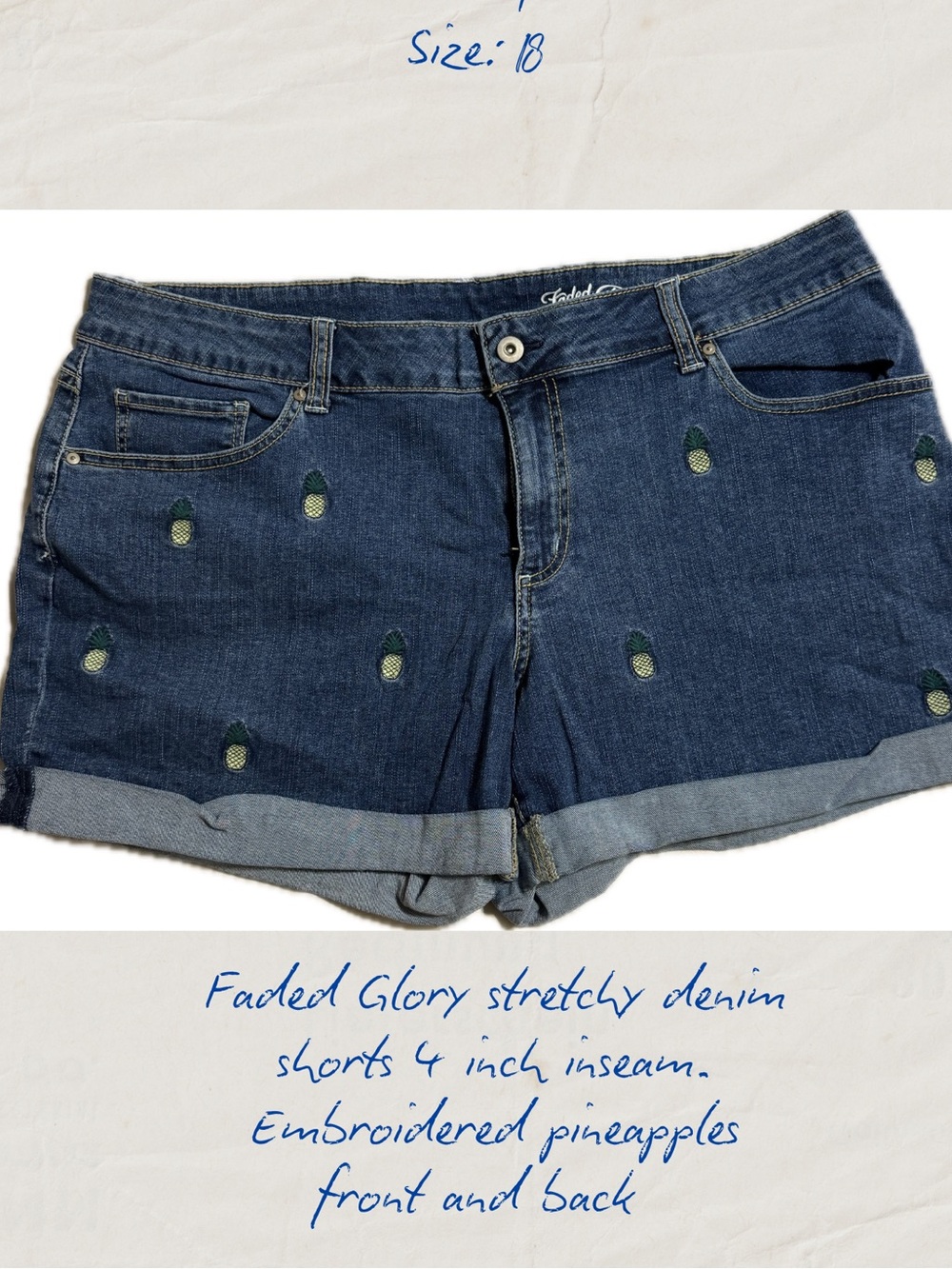 Faded Glory Dark Blue Denim Shorts with Pineapple Embroidery